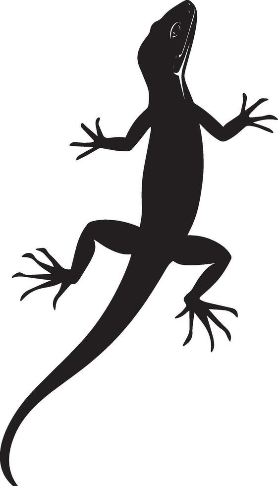 Lizard standing guard tail held high, body curved, and head lifted to maintain awareness in a black outline. vector