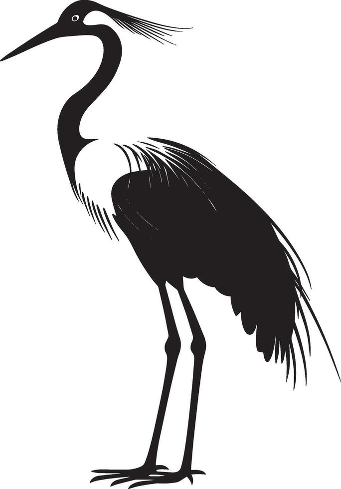 Crane at rest body motionless, wings folded, neck curved, and body relaxed in a full-length silhouette. vector