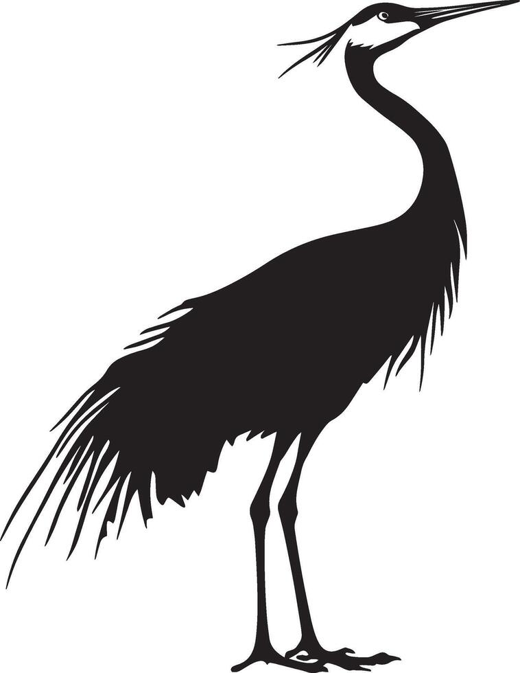 Crane vocalizing beak wide open, head tilted slightly upward, producing a loud call in a full-length silhouette. vector