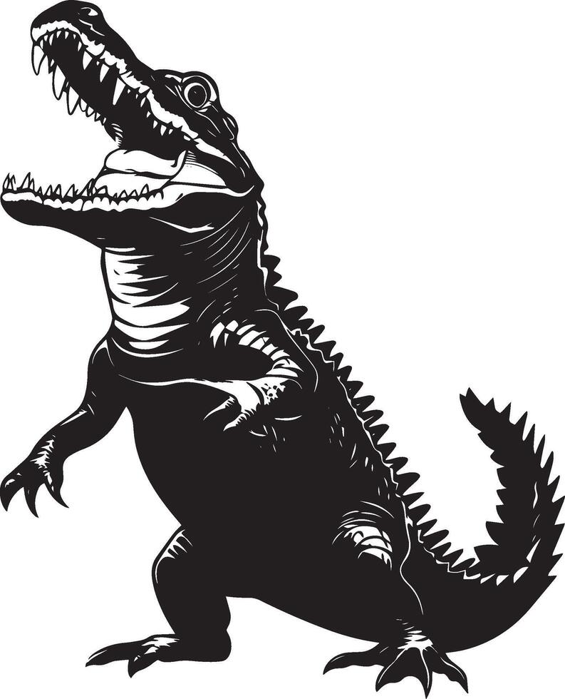 Crocodile Attacking Mouth open showing sharp teeth body arched with tail curled. full length silhouette black illustration vector