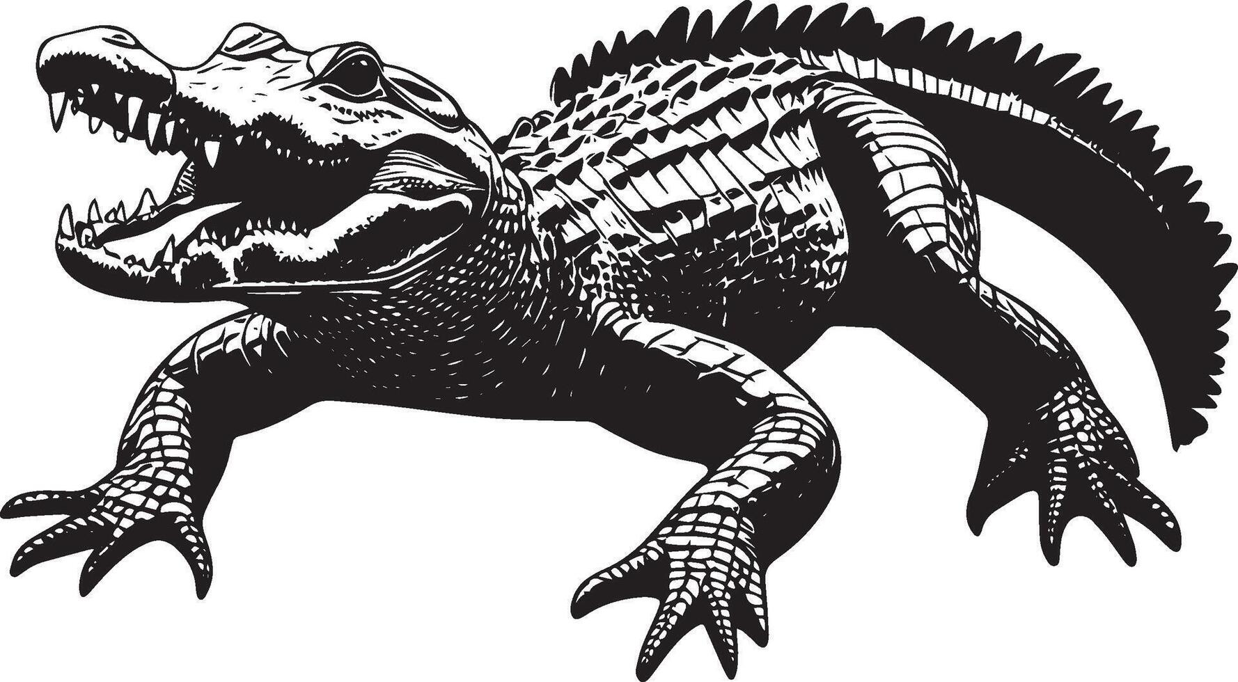 Crocodile Sunbathing Lying on the bank or surface with mouth open and body extended. full length silhouette black illustration vector