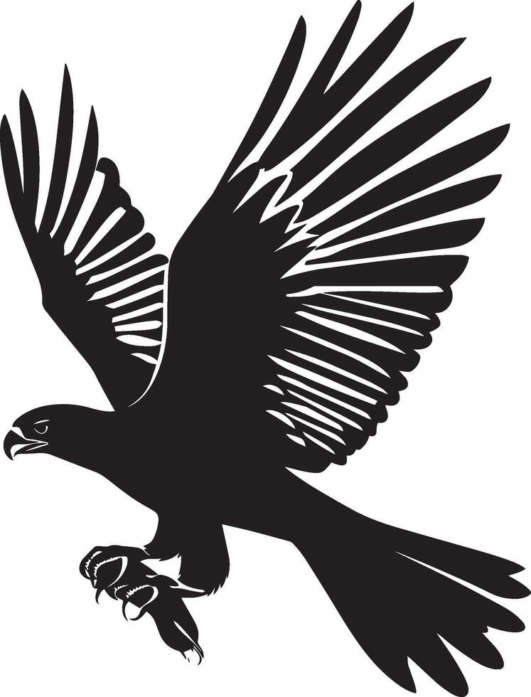 Falcon hunting gripping prey in its talons or beak, body poised either perched or in mid-air in a full-length silhouette. vector