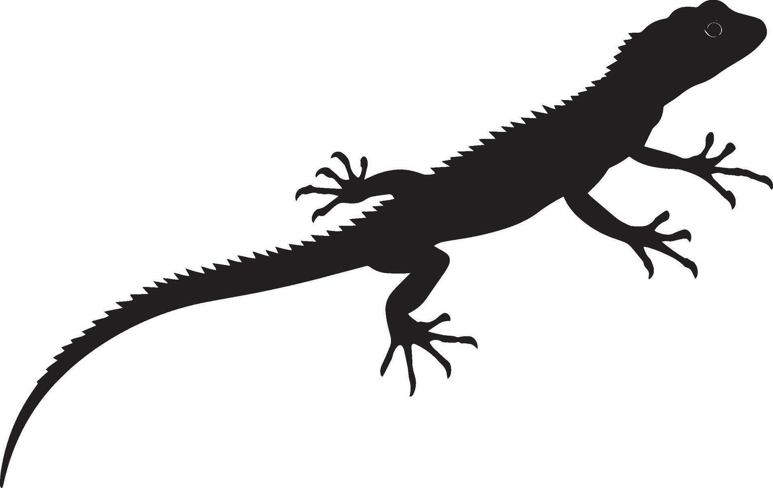 Lizard stalking head extended forward, body low to the ground, tail outstretched, and eyes intently focused in a full-length silhouette. vector
