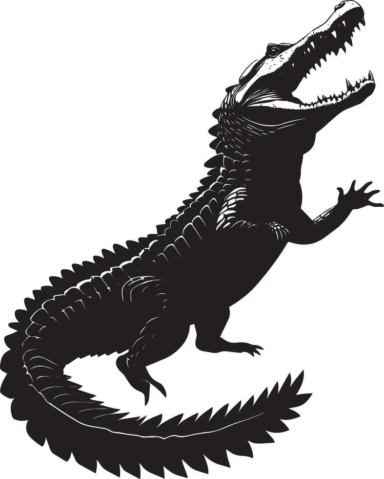 Crocodile Snapping Mouth open wide body coiled with tail raised. full length silhouette black illustration vector