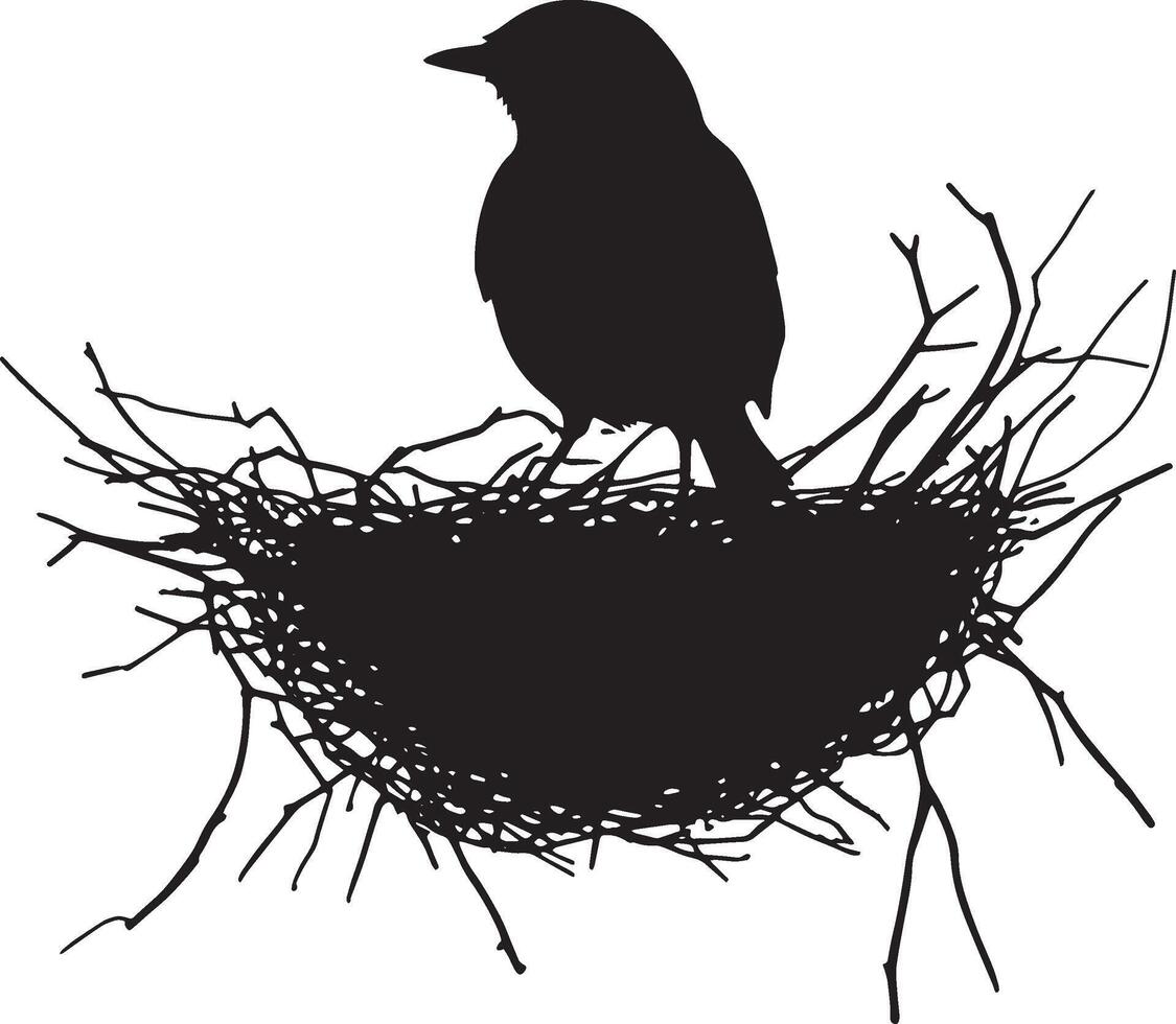 Robin in nest sitting low within the nest, head alert, and wings tucked in close in a full-length silhouette. vector