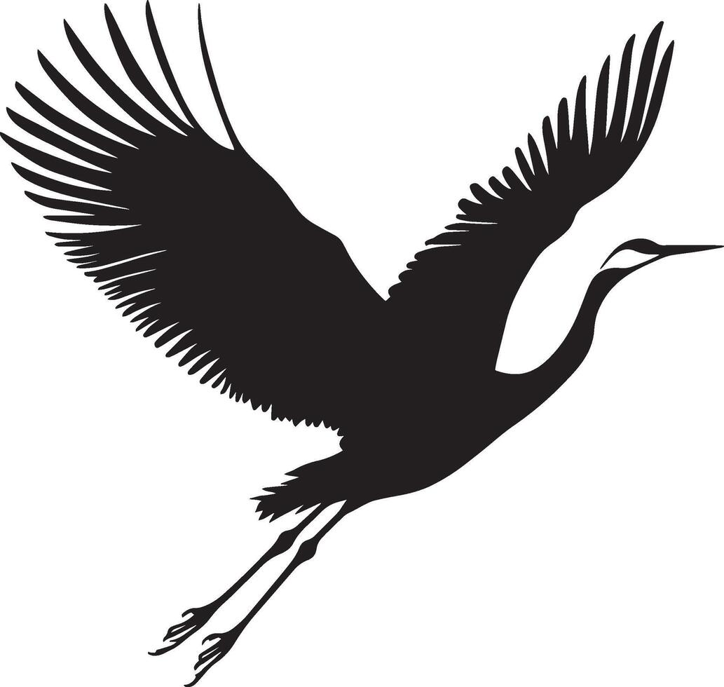 Crane Soaring Gliding with wings spread wide body steady tail extended. full length silhouette black illustration vector