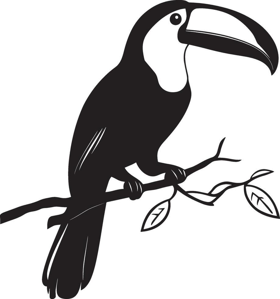 Toucan Perching Body upright sitting on a branch large beak slightly tilted. full length silhouette black illustration vector