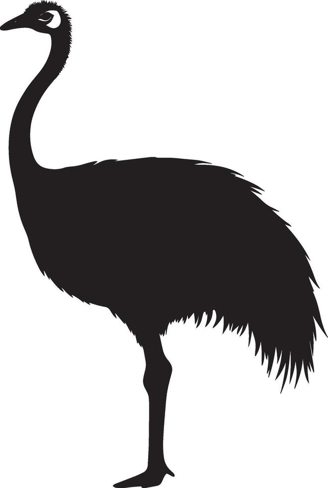 Ostrich lounging seated with legs drawn in, neck gently arched, and tail relaxed in a black outline. vector