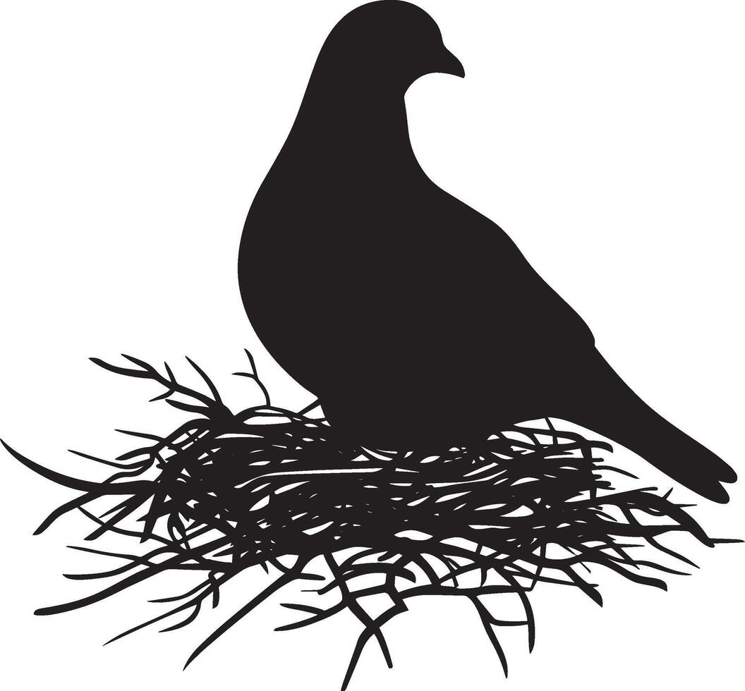 Pigeon Nesting Sitting inside a nest body low head alert wings tucked in. full length silhouette black illustration vector