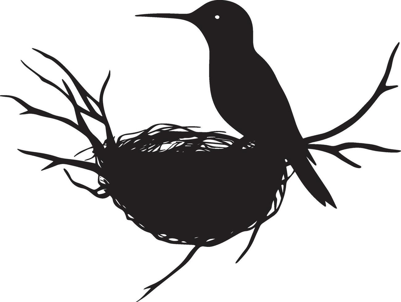 Hummingbird Nesting Sitting inside a small cup-shaped nest body low head raised. full length silhouette black illustration vector
