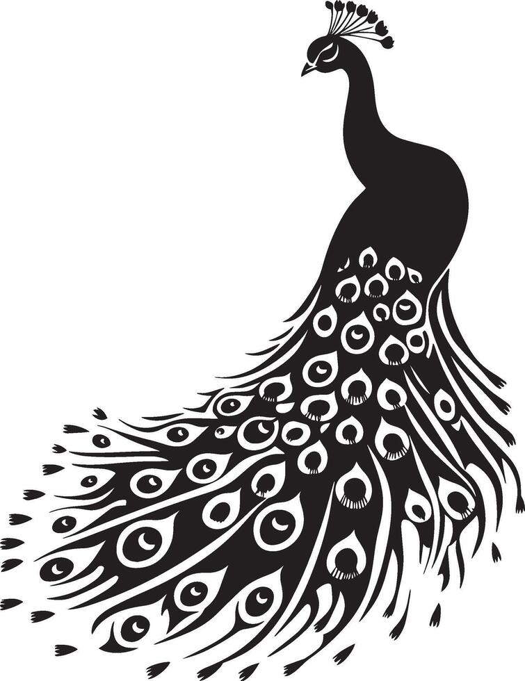 Peacock at Rest Seated calmly, wings tucked, tail relaxed, black silhouette . vector