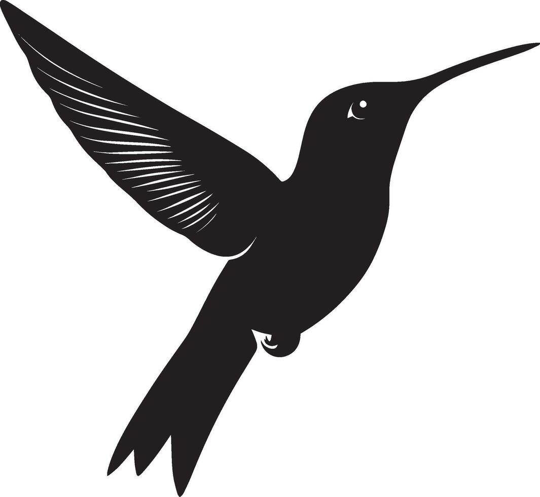 Hummingbird Darting Body angled forward wings flapping fast tail trailing. full length silhouette black illustration vector