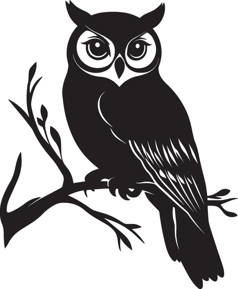 Owl Resting Sitting still on a perch with wings folded body relaxed. full length silhouette black illustration vector