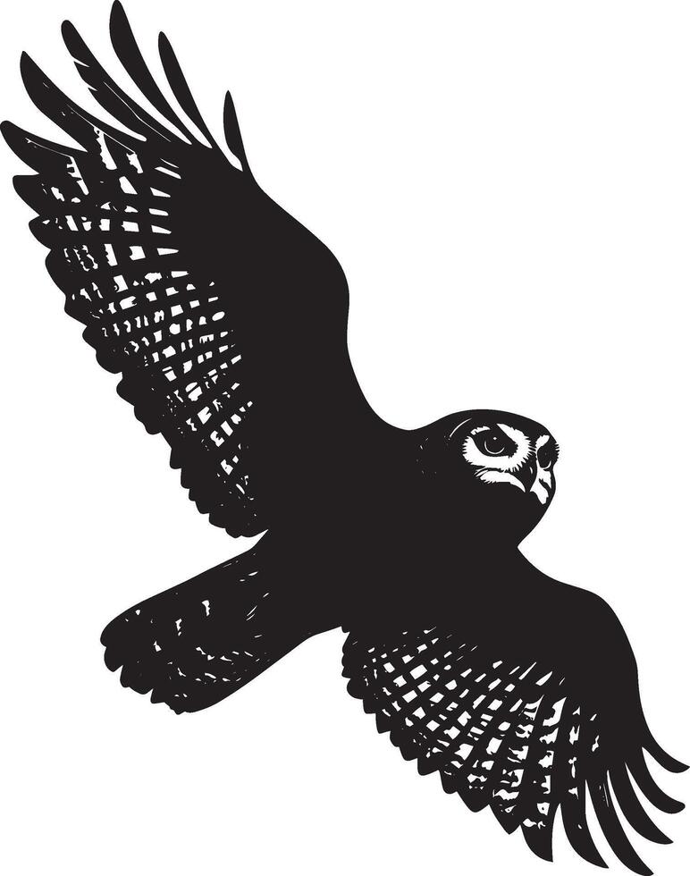 Owl in Flight Wings spread wide, body low, eyes fixed ahead, black silhouette . vector