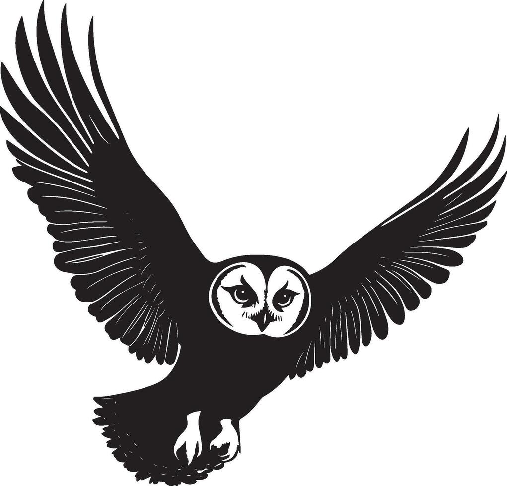 Owl in Glide Silent flight, wings fully outstretched, body steady, black silhouette . vector