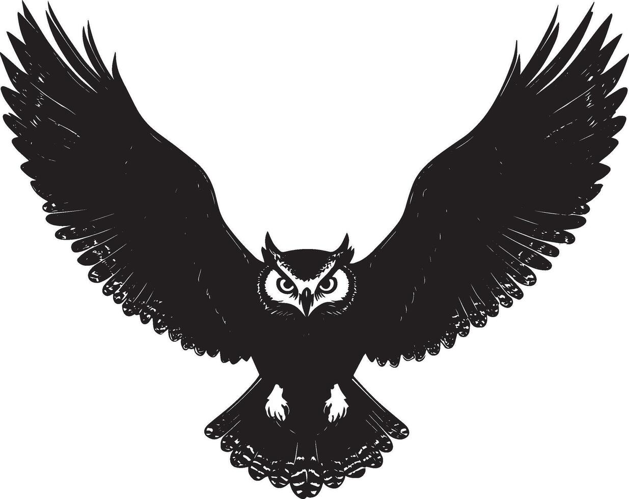 Owl Hunting at Night Low in flight with wings spread and eyes focused ahead. full length silhouette black illustration vector