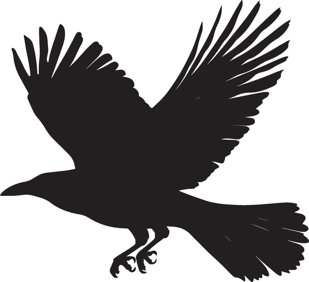 Crow Gliding Low Wings partially spread, body close to the ground, legs tucked, black silhouette . vector
