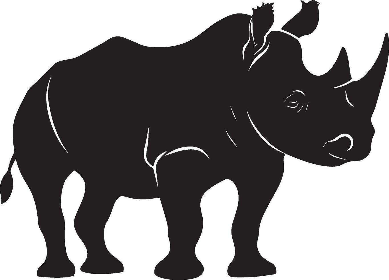 Rhino Sniffing the Air Nose outstretched, body crouched, alert expression, black art. vector