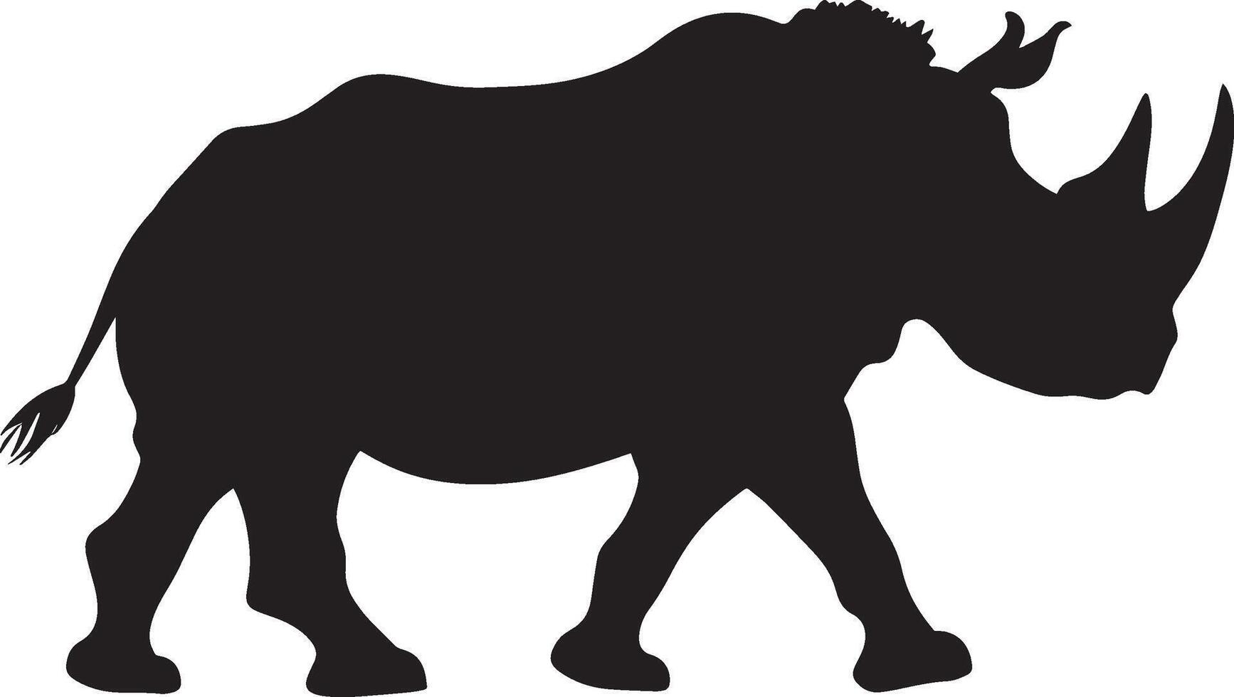Rhino Walking One leg lifted body in mid-stride tail trailing behind. full length silhouette black illustration vector