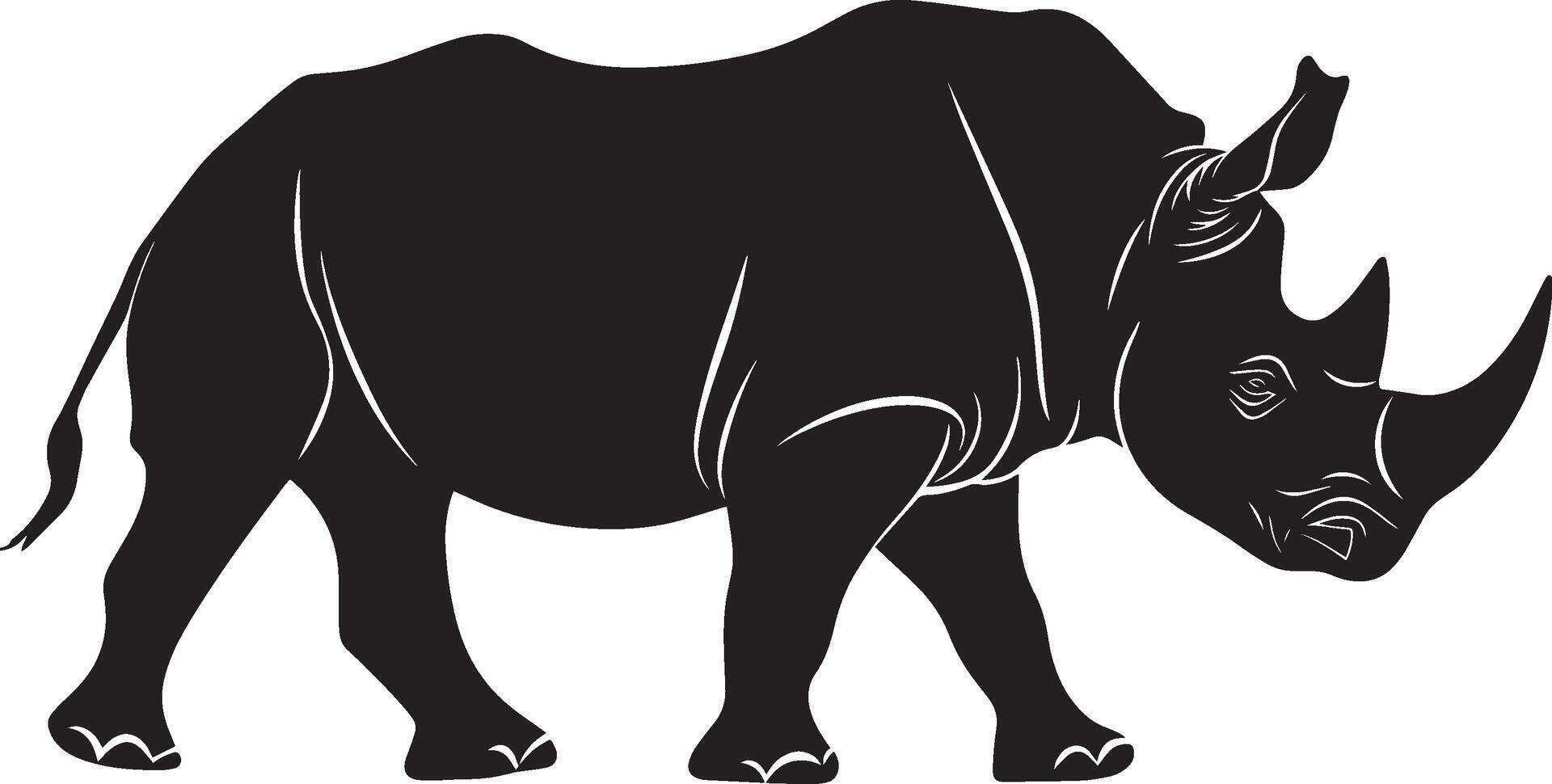 Rhino Charging Body lowered, head forward, legs extended, tail lifted. full length silhouette black illustration vector