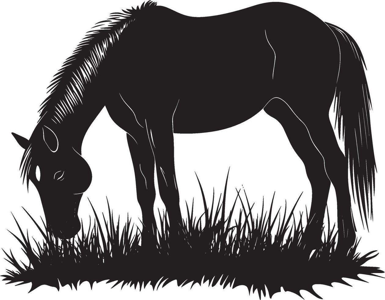 Horse Feeding Head lowered, legs slightly bent, nibbling on the ground, silhouette illustration. vector