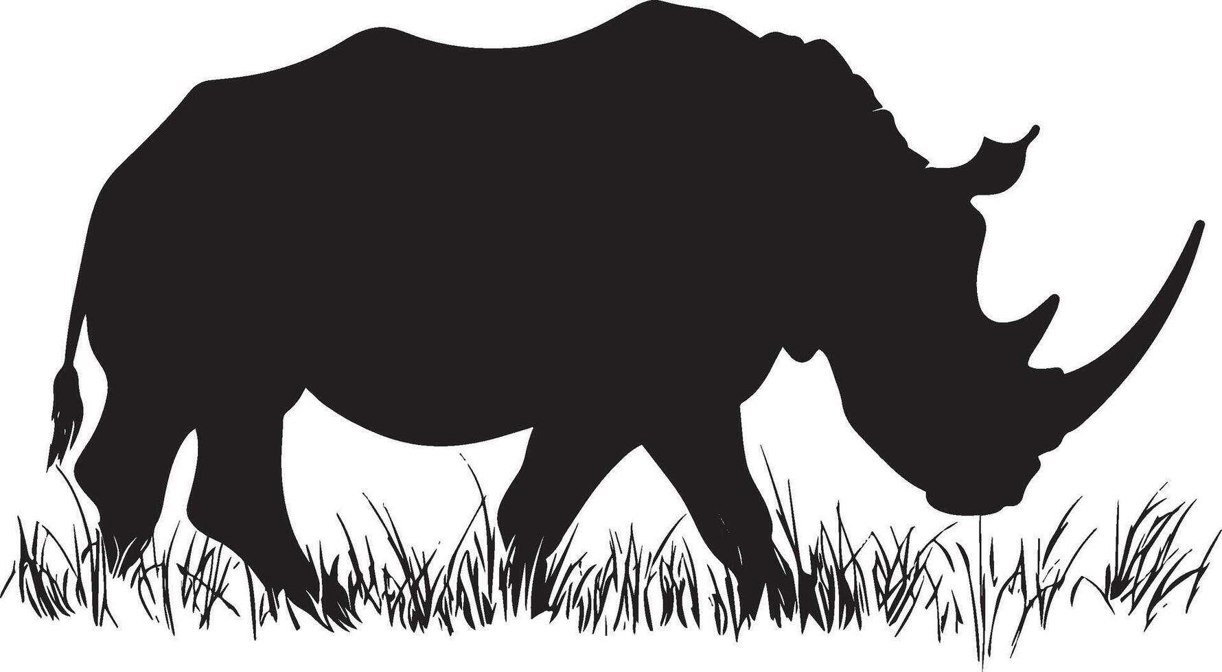 Rhino Grazing Head down, front legs slightly bent, nibbling on grass or shrubs. full length silhouette black illustration vector