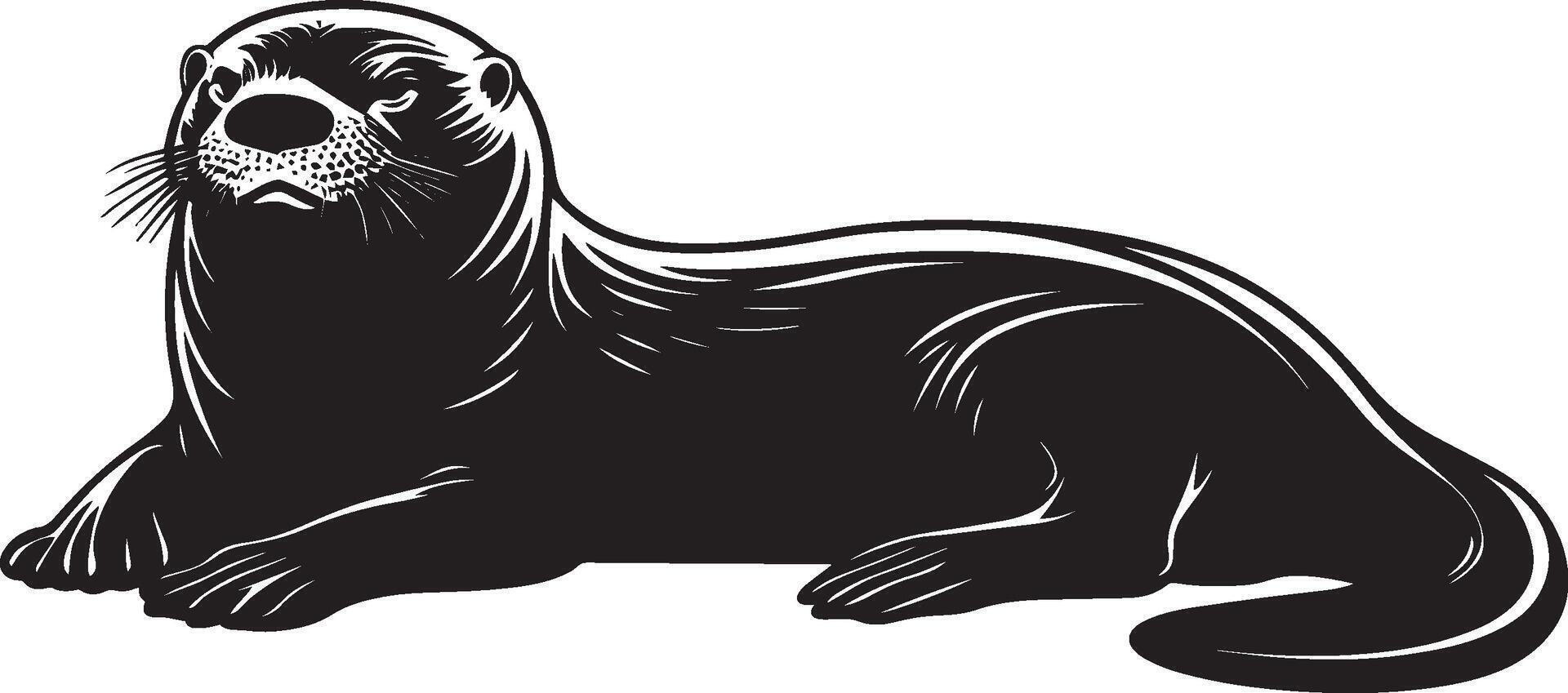Otter Relaxing Lying on its belly or back, body curled or stretched, eyes closed, black silhouette . vector