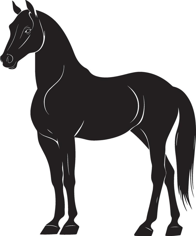 Horse Standing Head held high body upright legs straight tail hanging loosely. full length silhouette black illustration vector