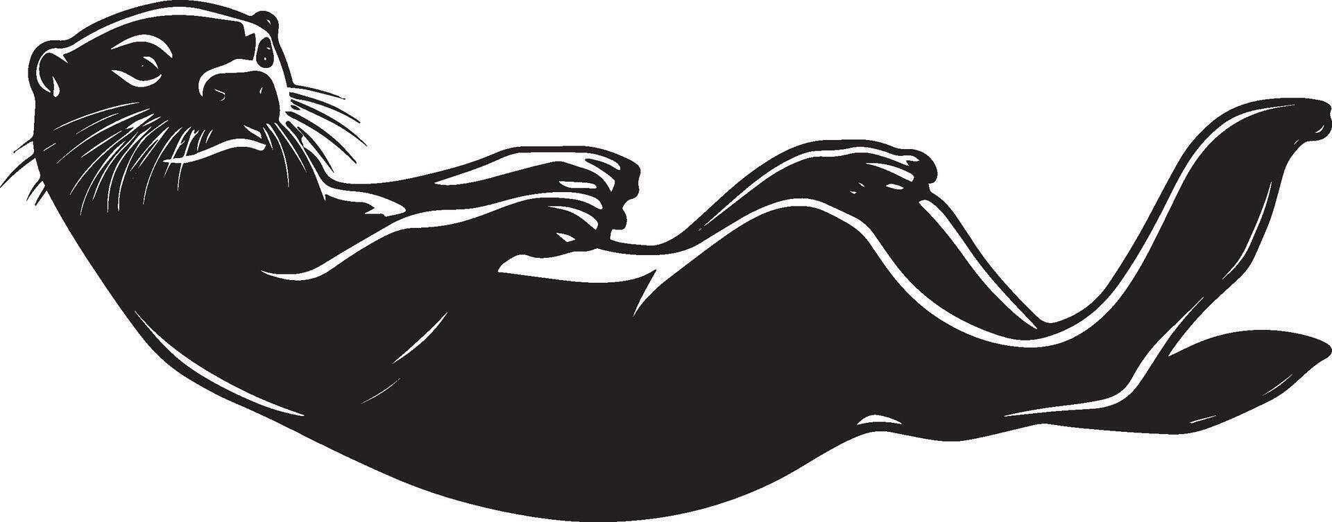 Otter Floating On its back, legs relaxed, paws resting on its belly, tail outstretched. full length silhouette black illustration vector
