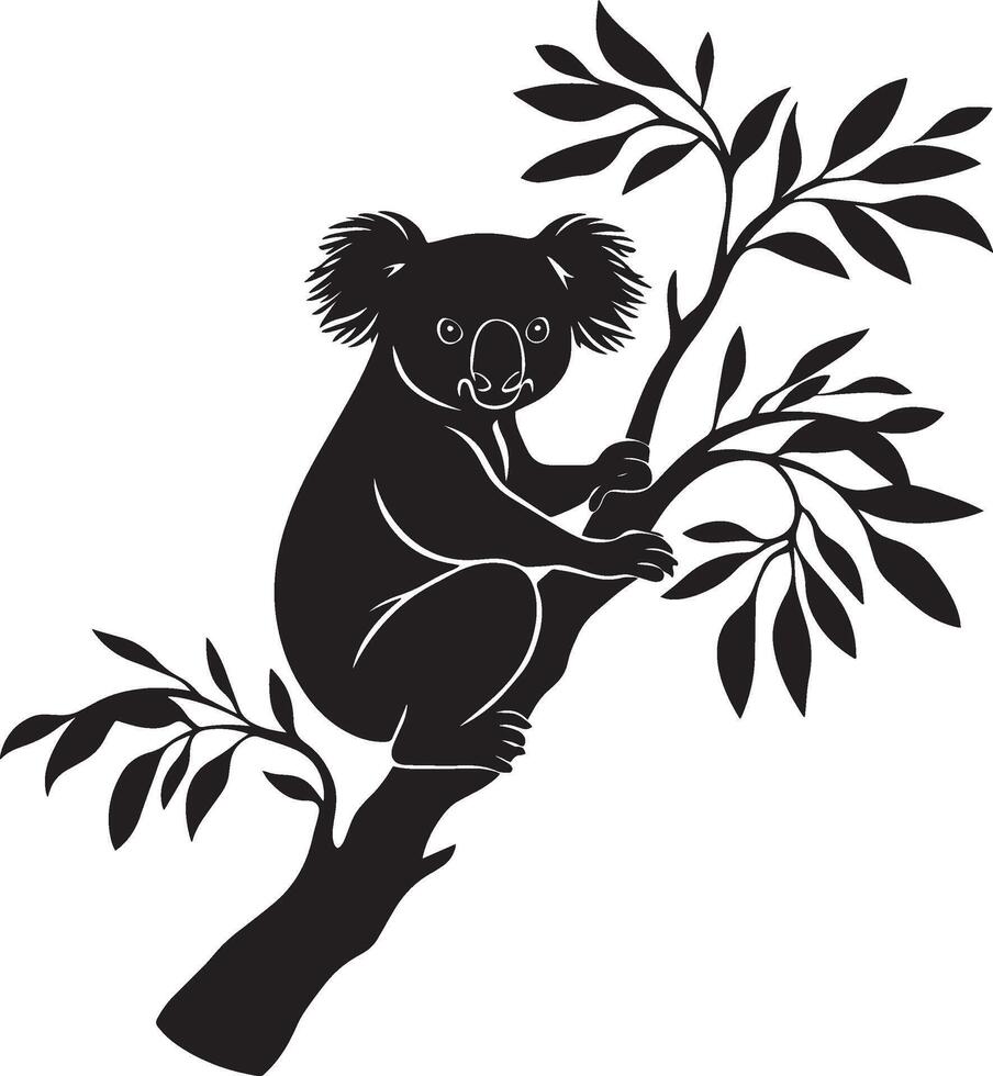 Koala Sitting Sitting upright on a tree branch with legs bent and arms relaxed. full length silhouette black illustration vector
