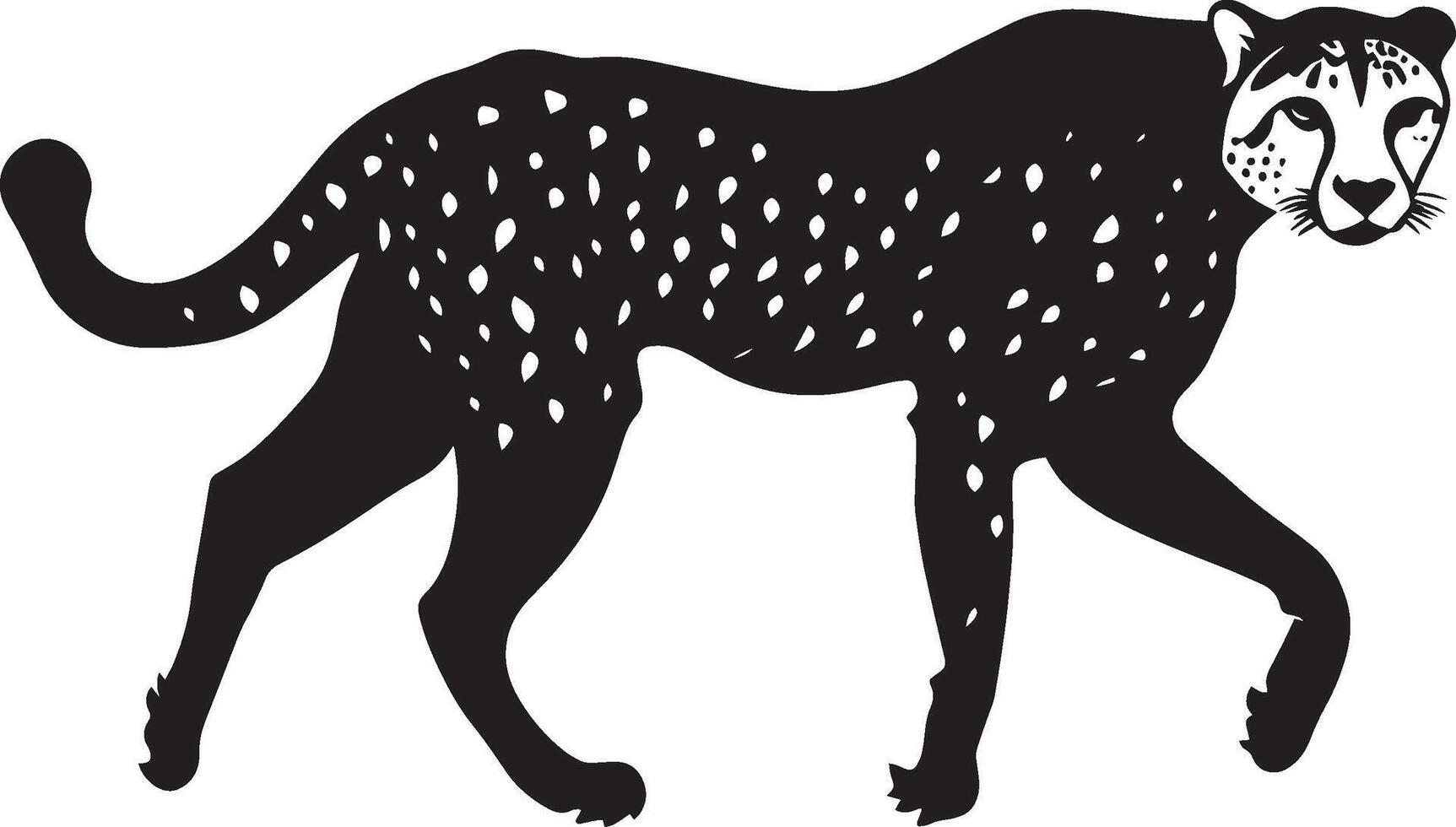 Cheetah Walking One paw lifted body in mid-stride tail extended behind. full length silhouette black illustration vector