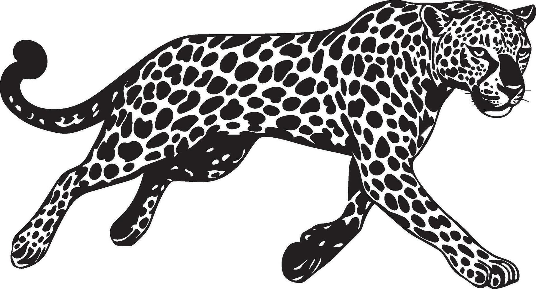 Leopard Running Body extended, legs stretched, tail flowing, black silhouette . vector