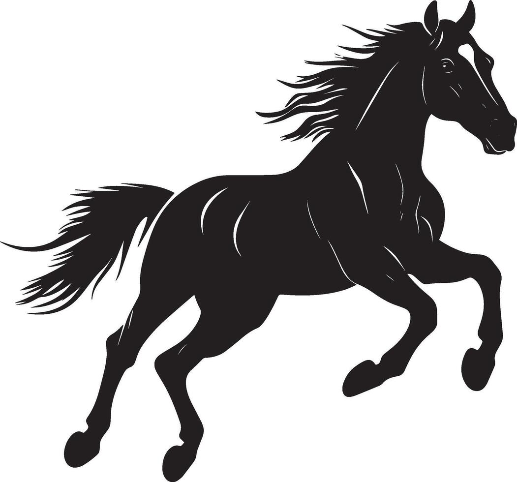 Horse Galloping Body in full speed legs extended forward tail raised high. full length silhouette black illustration vector
