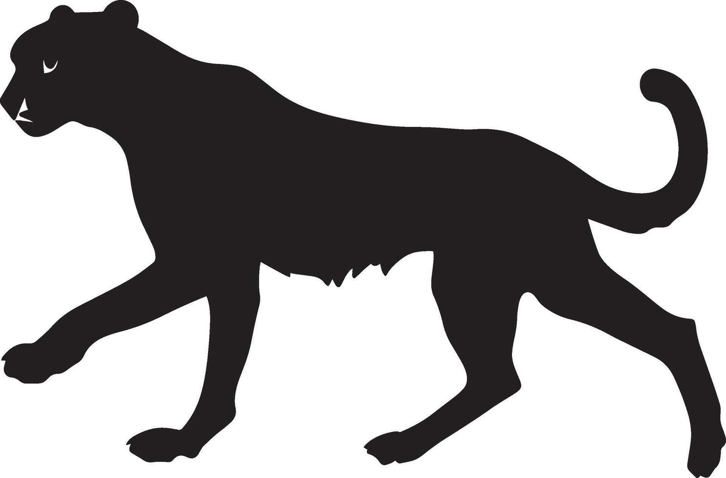 Cheetah Walking One paw lifted, body mid-stride, tail extended behind, black silhouette . vector