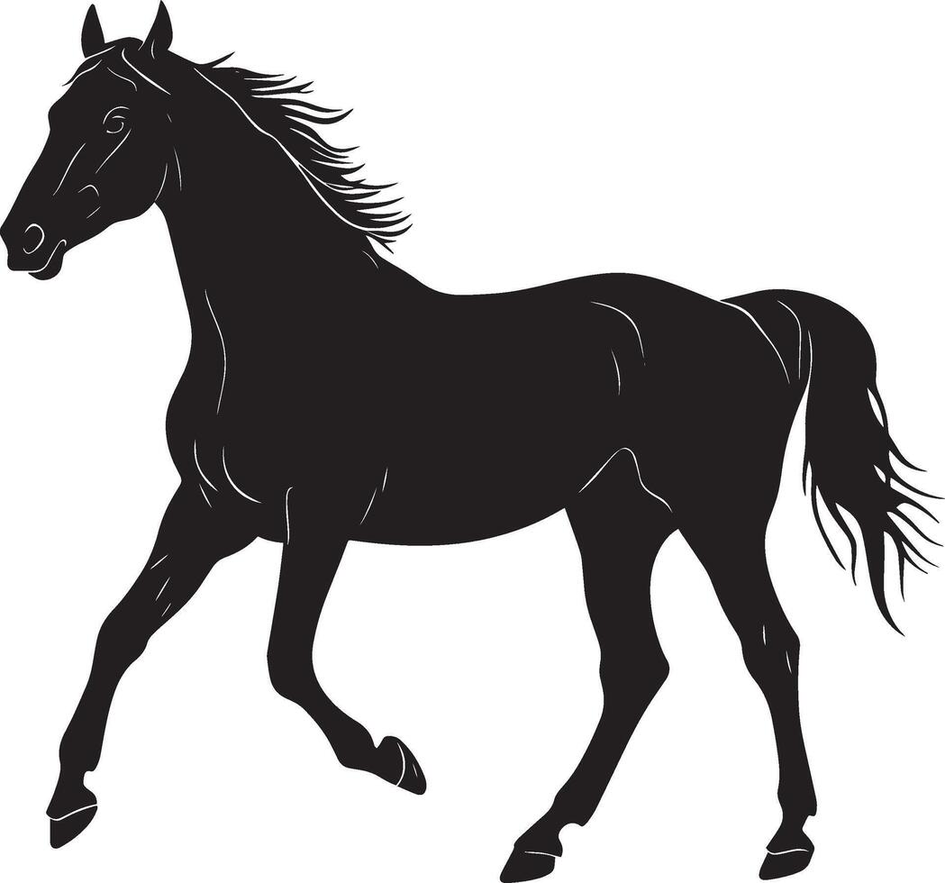 Horse Strolling Body in motion, one leg up, tail flowing behind, full silhouette design. vector