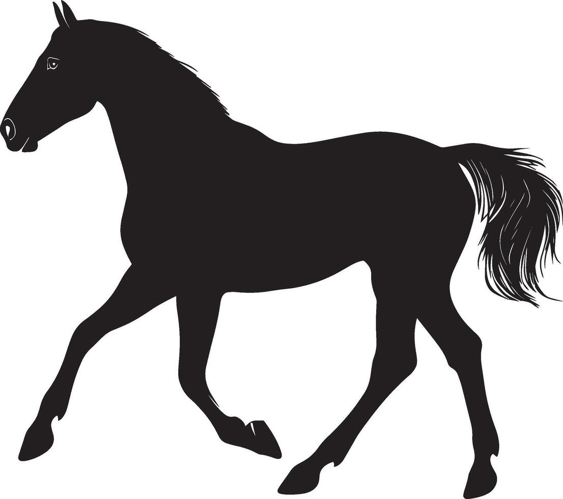 Horse in Motion Leg raised, body in stride, tail trailing behind, silhouette illustration. vector