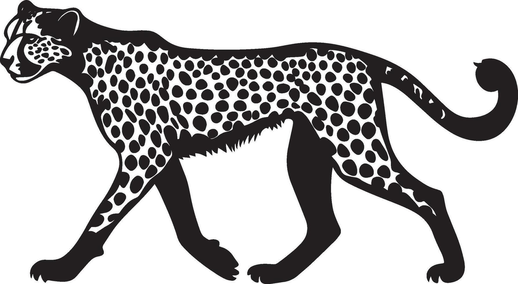 Cheetah in Motion Leg lifted, body moving forward, tail trailing, silhouette illustration. vector
