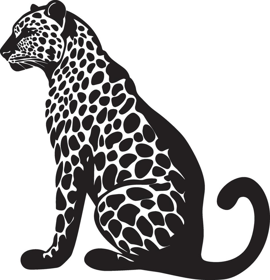 Leopard Crouching Body low to the ground tail flicking poised to pounce. full length silhouette black illustration vector