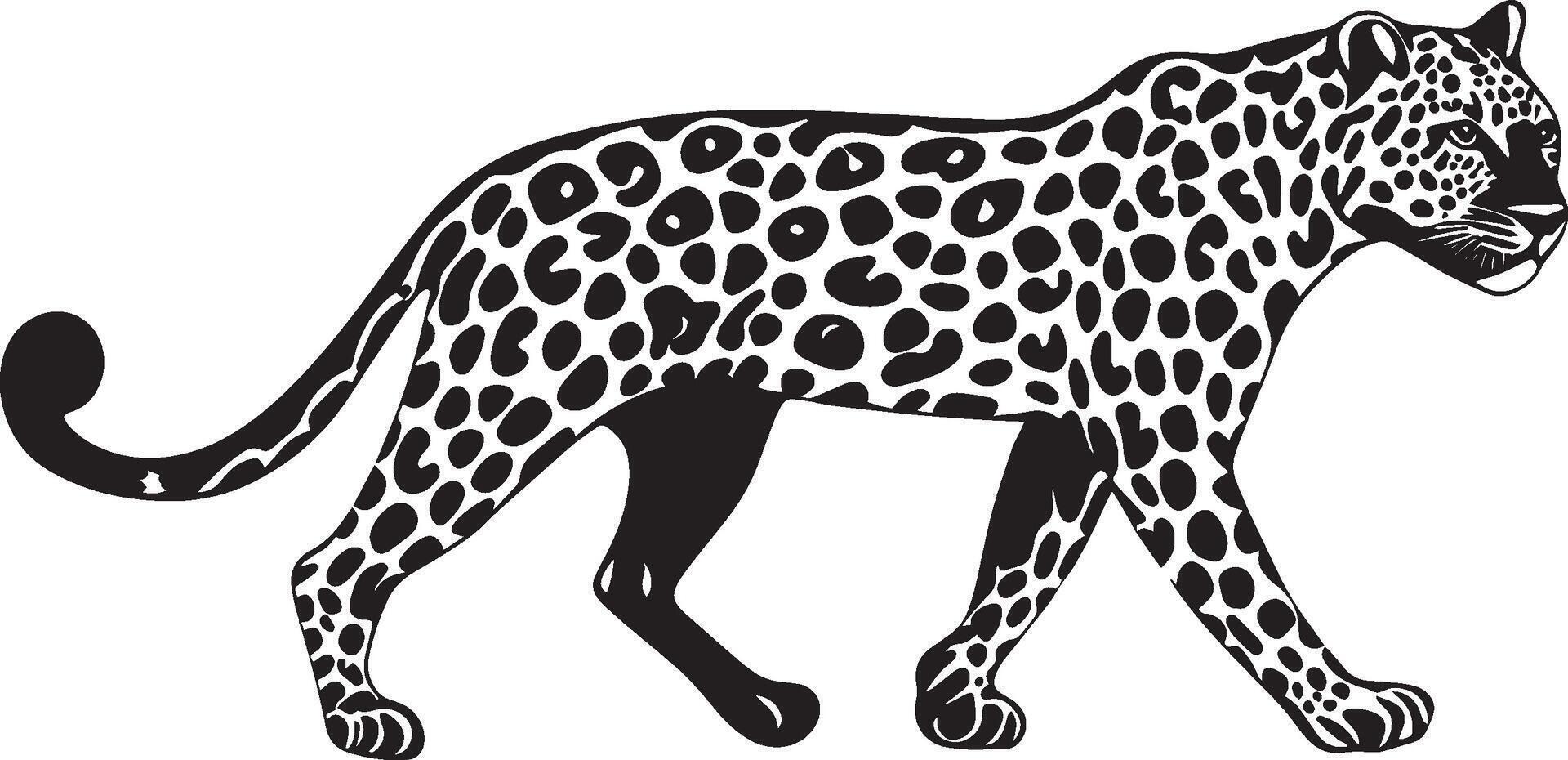 Leopard Walking One paw lifted, body in stride, tail trailing behind, black silhouette . vector