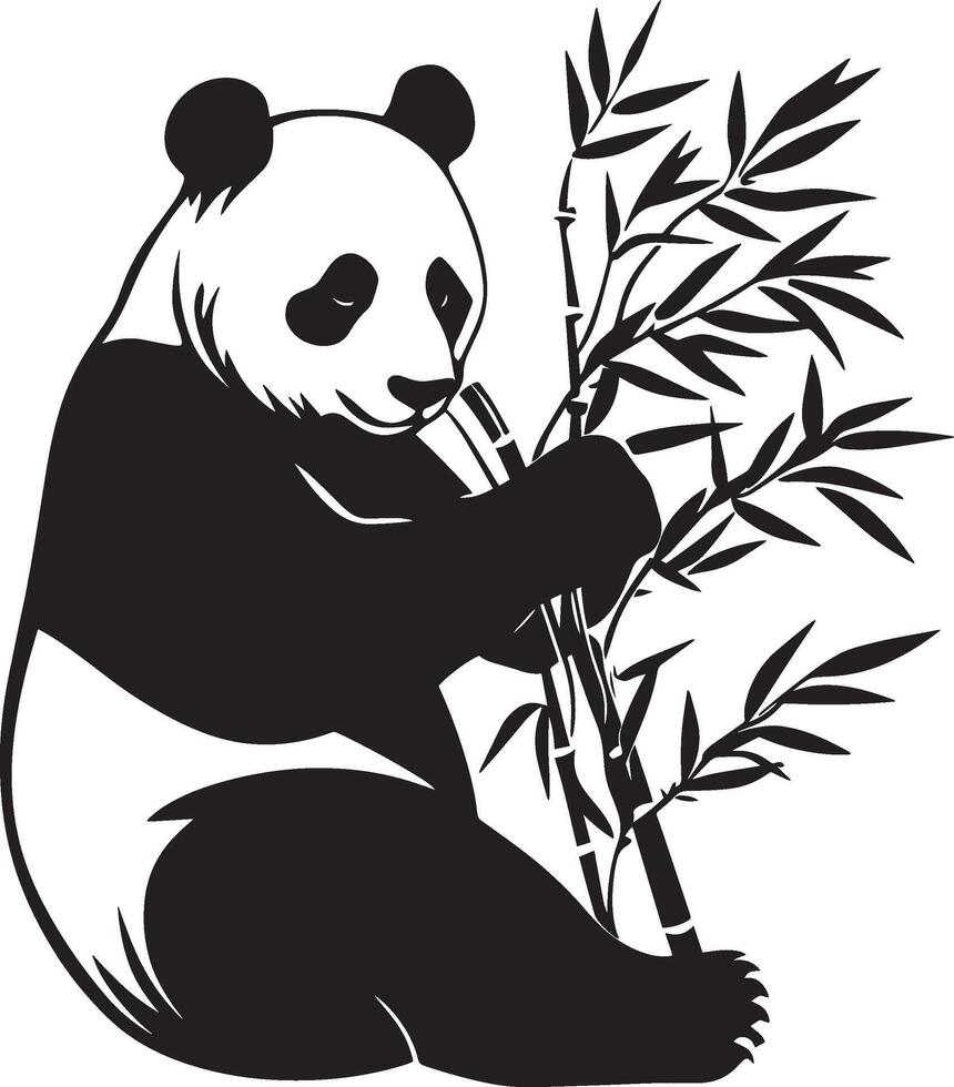 Panda Eating Holding bamboo with both paws, head down, nibbling. full length silhouette black illustration vector