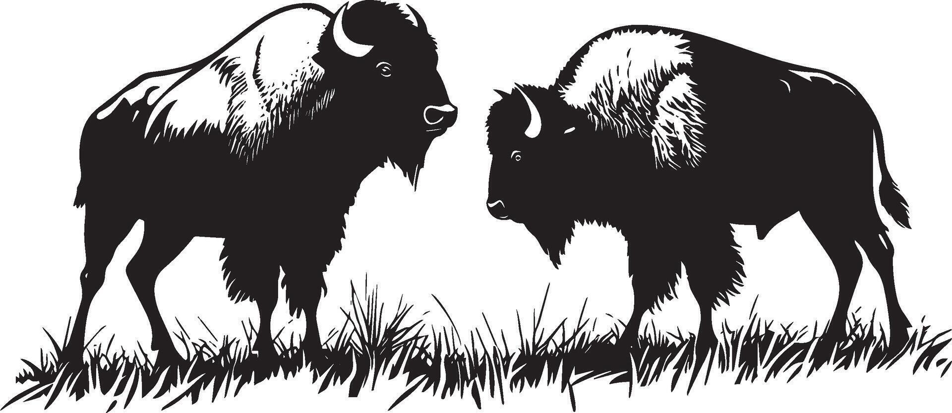 Bison Playing Playfully interacting with other bison, body moving in a relaxed manner. full length silhouette black illustration vector