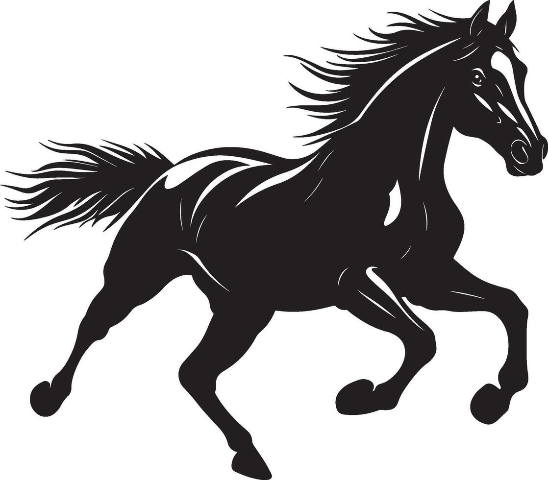 Horse Galloping Body at full speed, legs extended forward, tail raised high, black silhouette . vector