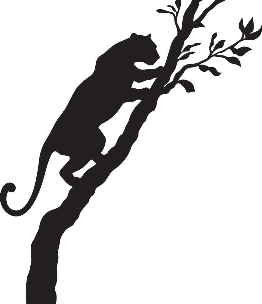 Leopard Climbing Front paws gripping a tree or surface body angled upward. full length silhouette black illustration vector