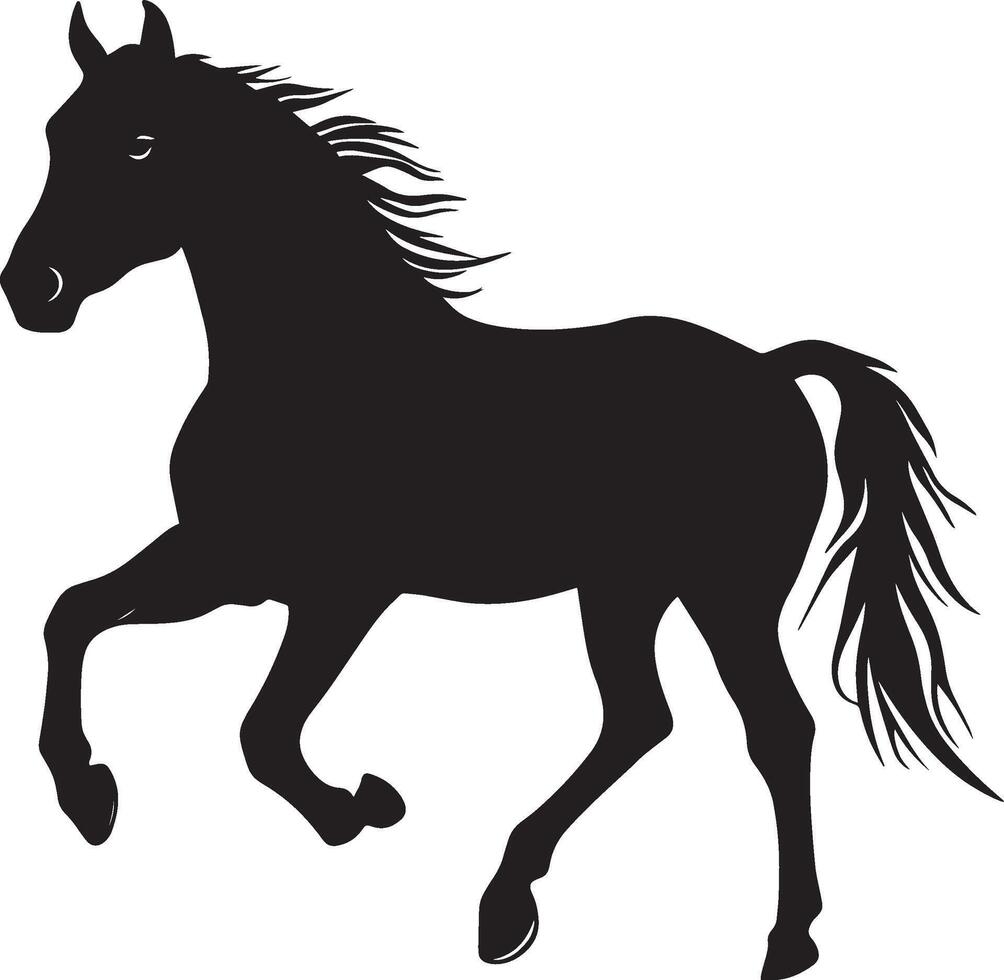 Horse Walking One leg lifted body in mid-stride tail relaxed behind. full length silhouette black illustration vector