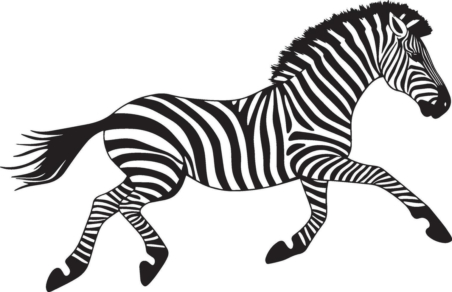 Zebra Running Body stretched, legs extended, tail flicking, black silhouette . vector