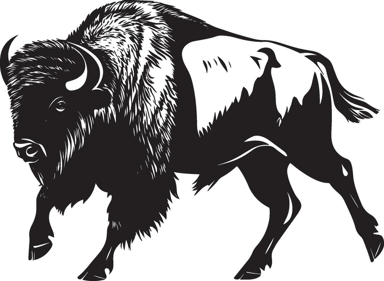 Bison Running Body stretched, legs moving, head down, tail lifted, black silhouette . vector