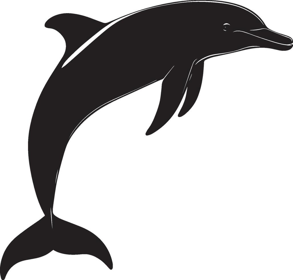 Dolphin Feeding Diving down, mouth open, body angled toward the ocean floor, black silhouette . vector