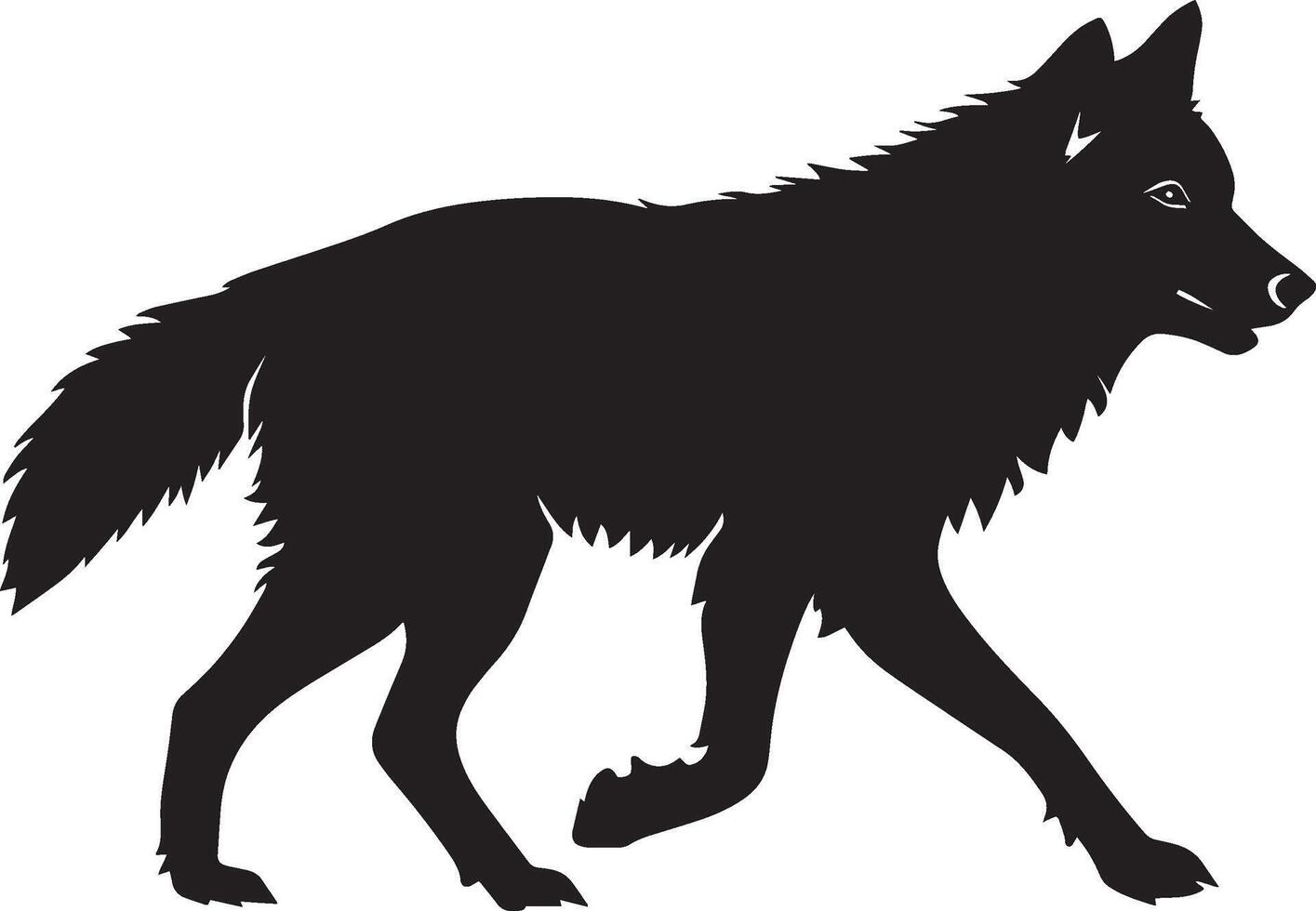 Wolf Walking One paw lifted, body in mid-stride, tail straight and relaxed. full length silhouette black illustration vector