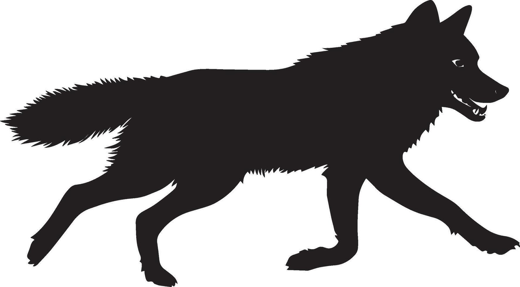 Wolf Running Body extended, legs pushing forward, tail aligned with motion. full length silhouette black illustration vector