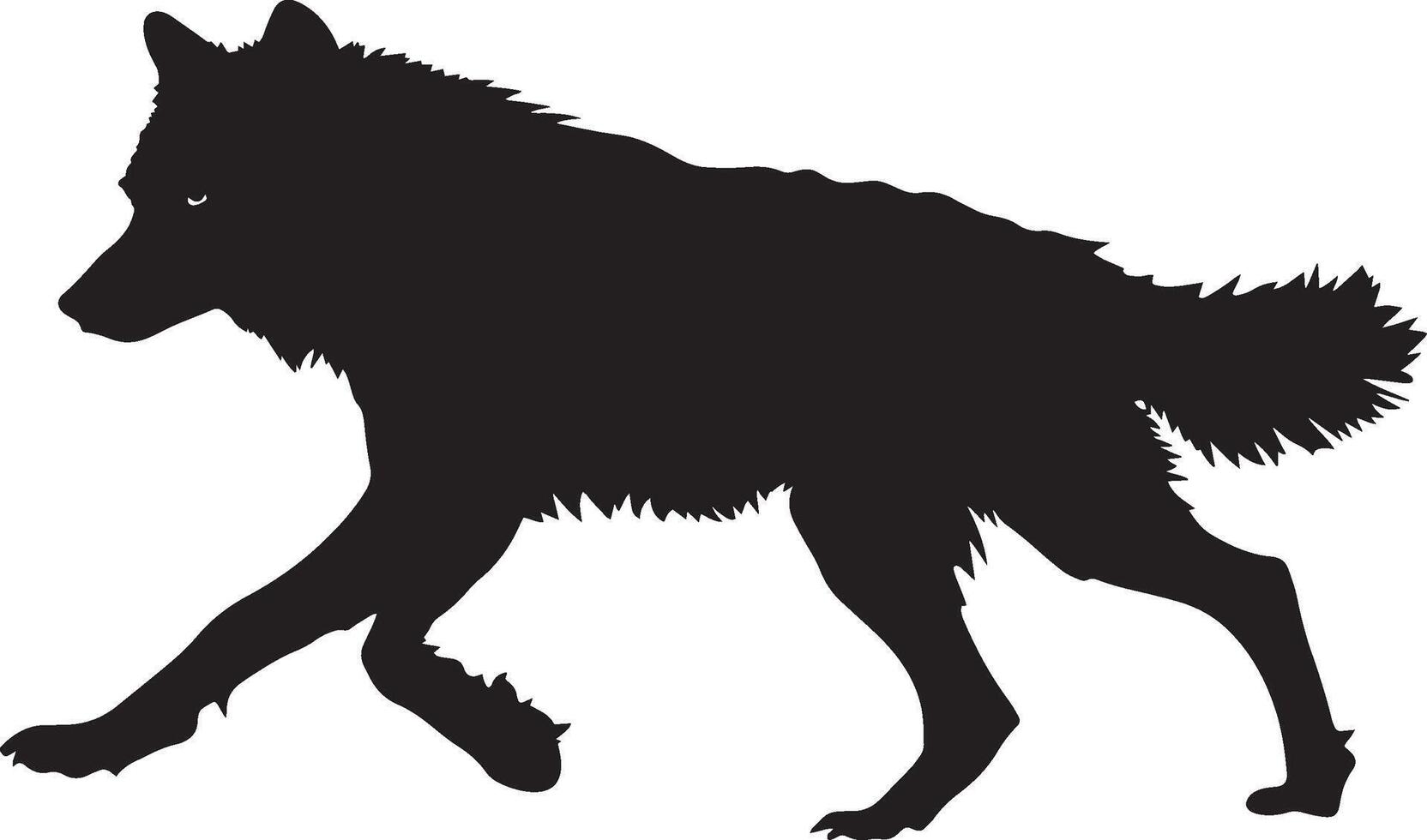 Wolf Sprinting Full body stretch, legs pushing, tail in motion, silhouette illustration. vector